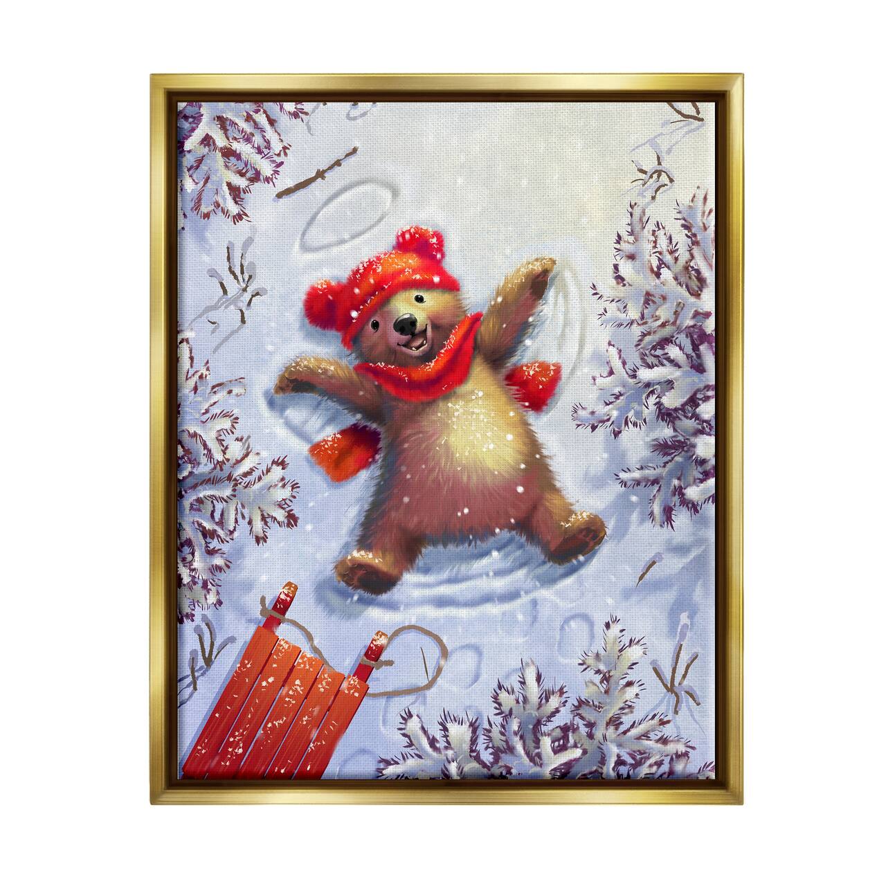 Stupell Industries Bear Cub Snow Angel Sled Framed Floater Canvas Wall Art